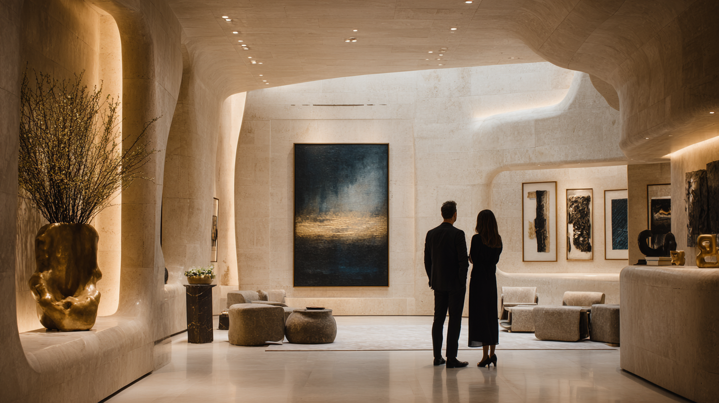 Private gallery interior with collectors viewing a contemporary painting