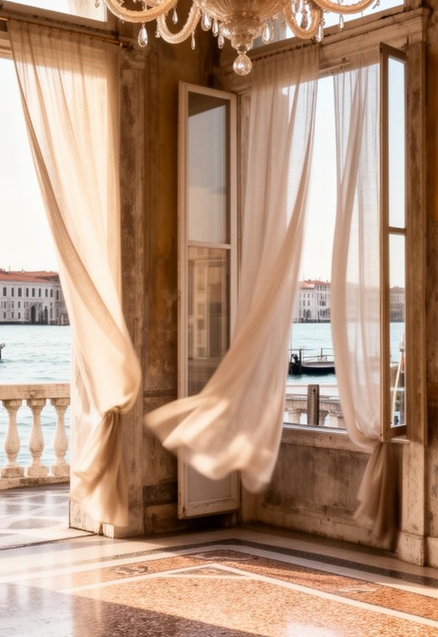 Interior of a Venetian palazzo piano nobile with terrazzo floor and Murano chandelier